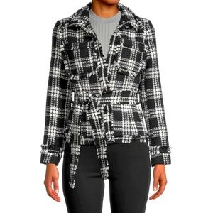 WOMENS WD▪️NY BLACK & WHITE PLAID TWEED BELTED JACKET SIZE MEDIUM
